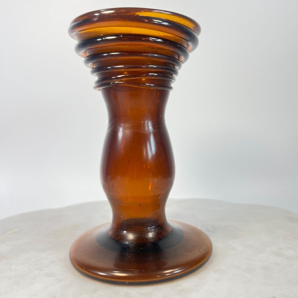 Vtg Glass Bud Vase Coiled Ribbed‎ Root Beer Colored  Hand Blown Artisan 6"